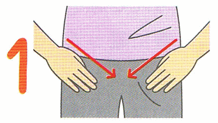 まず、足のつけ根のそけい部を、外側から内側に向けてさする。5～10回